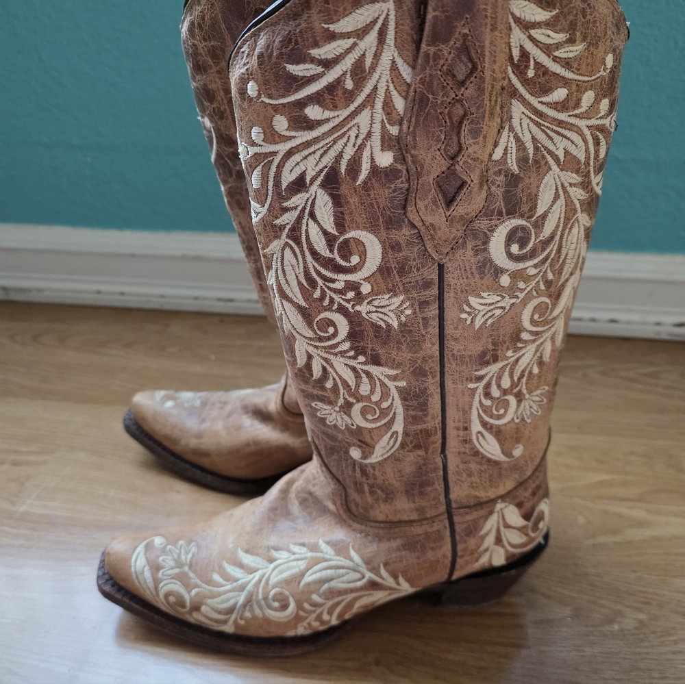 Corral Western Cowgirl Boots Embroidered Tan Brown Leather - Picture 3 of 11